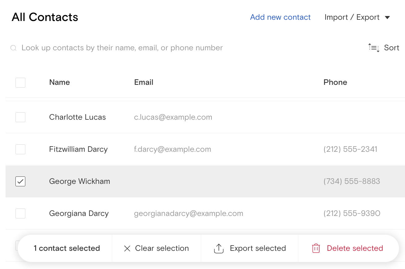 Address book selected contact