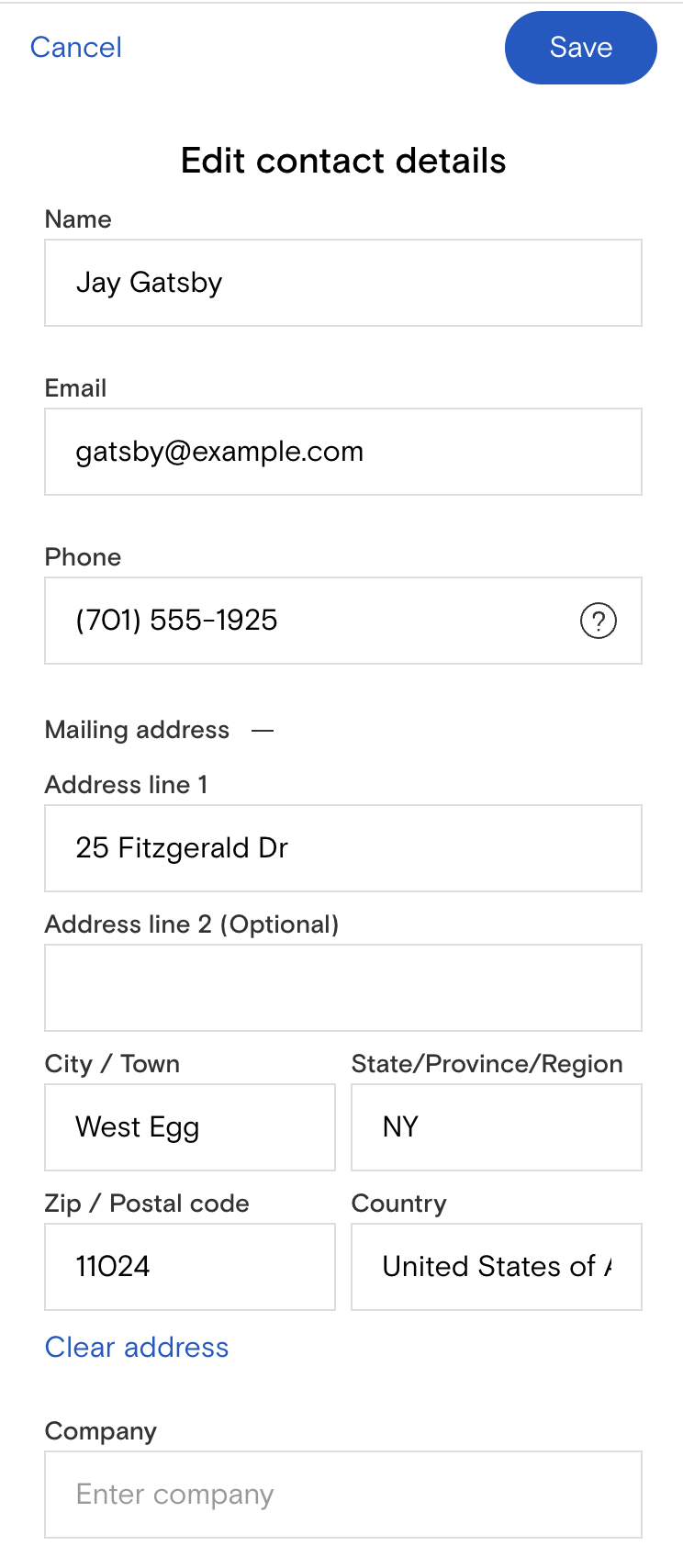 Address book individual contact details including mailing address